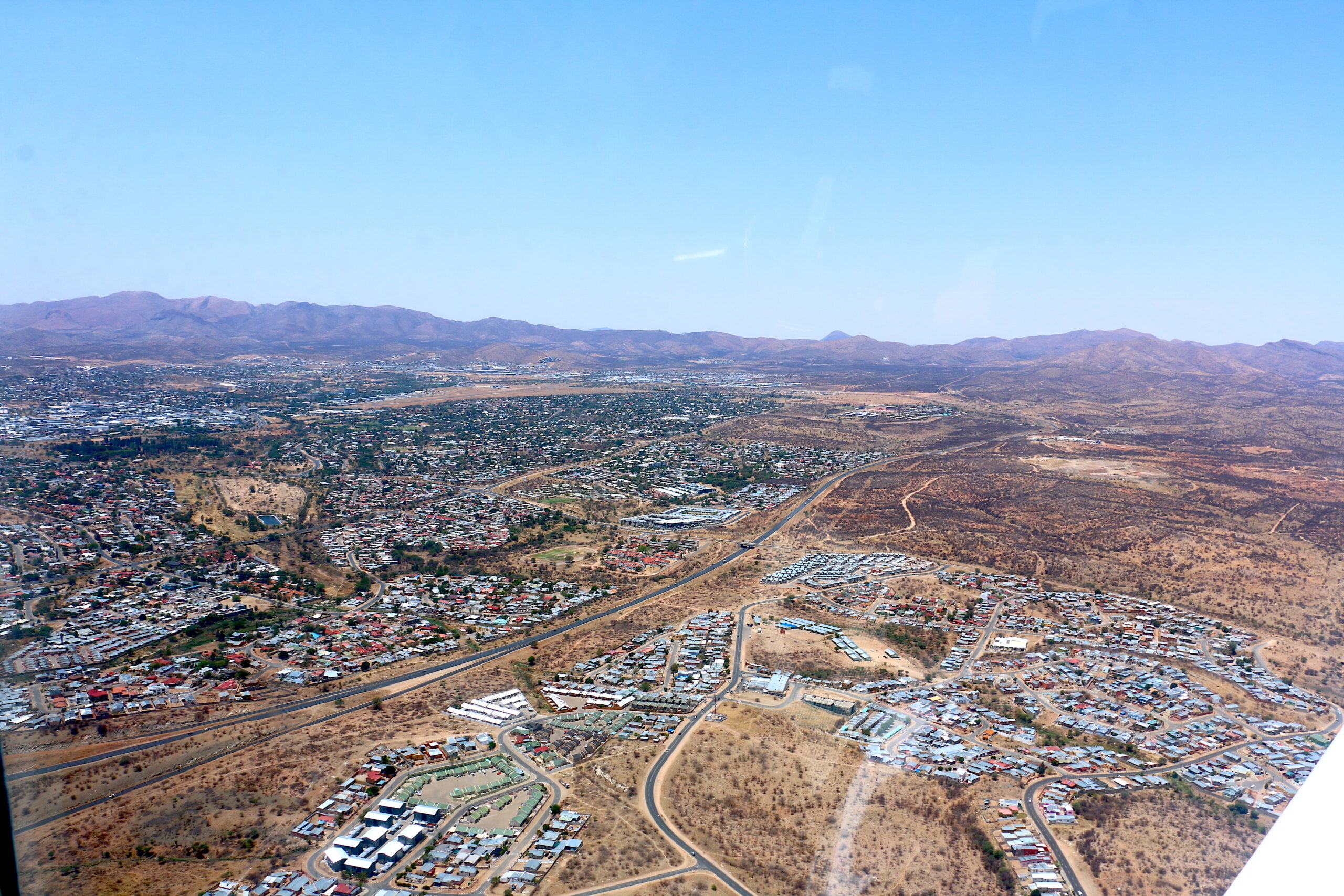 Aerial view of Windhoek. In the background are the Auas Mountains (2016).